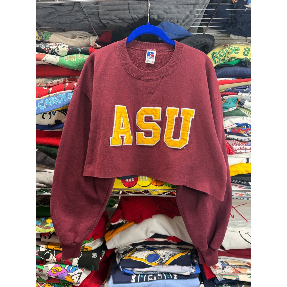 Vintage 90s Russell Athletic ASU Arizona State Cropped Sweatshirt Maroon L USA